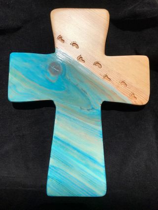 Cross - " Footprints In The Sand ",  Hand Painted,  Wooden Wall Cross,  Made Of Pine