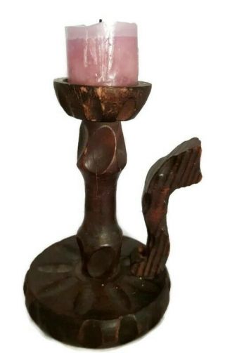 Vintage Primitive Wooden Candle Holder Candlestick Hand Carved Wooden 11 " Tall