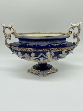 Antique Italian Norleans Ceramic Cobalt Blue & Gold Cherub Pedestal Vase Marked