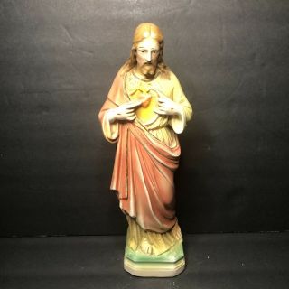 Vtg Jesus Chalkware Religious Statue 10.  5 " Tall Sacred Heart