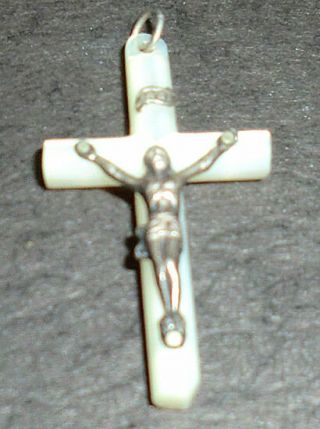 Vintage Antique Silvered Crucifix Cross Mother Of Pearl Cross 1 - 1/2 " Tall