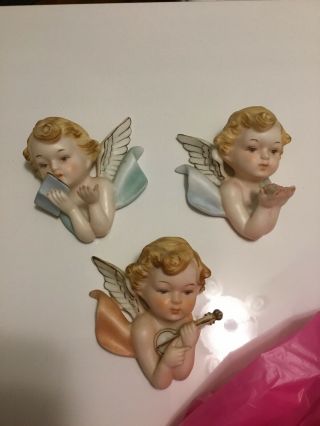 3 Vintage Napco Ceramic Angel Cherub Set Wall Decor