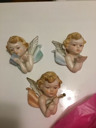 3 Vintage Napco Ceramic Angel Cherub Set Wall Decor 2