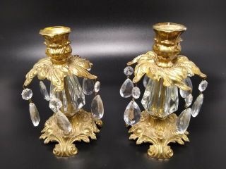Vintage Pair Metal & Chandelier Crystals Candle Holders 1973 L & L W Mc 6 " Tall