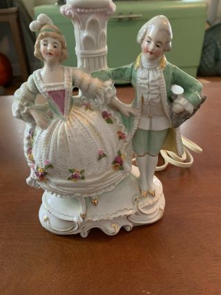 Vintage German Porcelain Dresden Flowers Figurine Lamp Courting Couple