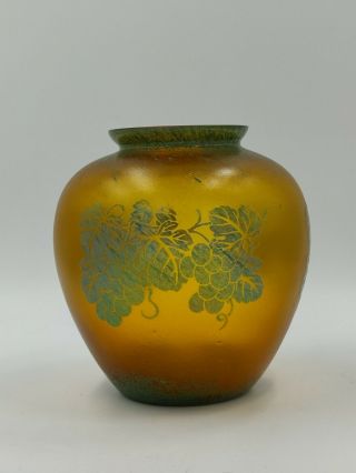 Cameo Green Iridescent Acid Cut Back Art Glass Vase 6 3/4 " Grape Design