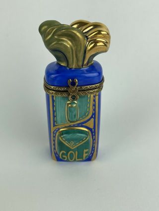Rochard Peint Main Limoges France Golf Club Set Trinket Box Blue Gold Golfer Bag