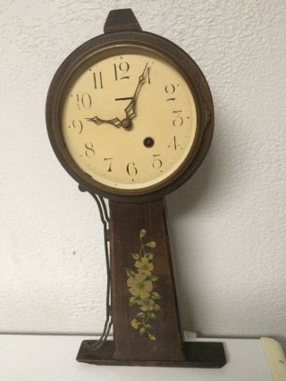 Vintage Tall Wood Mantle Or Wall Clock Round Face Painted Flowers Flip Cover 16 "