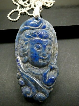 Quan Yin Lapis Gemstone Bodhisattva Goddess Of Compassion Sp Pendant Necklace