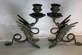 Antique Brass Winged Dragon Candlestick Holders Victorian Gothic