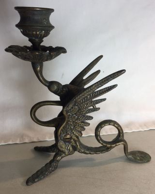 Antique Brass Winged Dragon Candlestick Holders Victorian Gothic 2