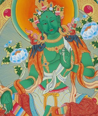26 " Blessed Tibetan Thangka Painting Poster: Mysterious Fountain Of Green Tara =