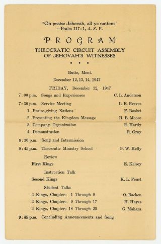 Rare 1947 Butte Montana Theocratic Circuit Assembly Program Watchtower Jehovah
