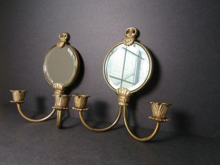 Solid Brass Beveled Mirror Wall Sconce Candle Holder Sticks W Tulips 1989 Set 2