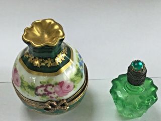 Vintage Limoges France Perfume Trinket Box,  Gilt W Lovely Green Gem Bottle.