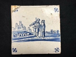 Dutch Delft Tile 18th C Scene With A Man,  Woman,  And Horses T4