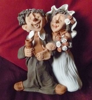 Happy Bride & Groom Jewish Couple Wedding Male Figurine With A Kippah - Red Clay