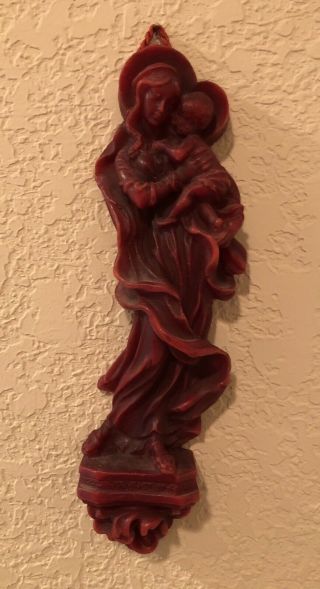 Vintage Wax Carving Wall Plaque Sculpture Mary & Jesus Detailed - Red - German?