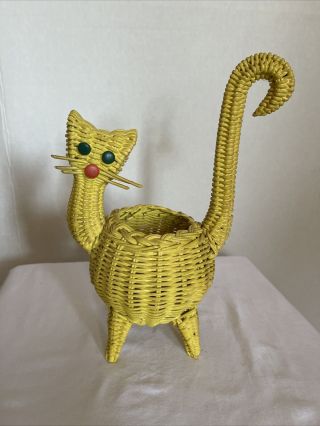 Vintage Wicker Cat Basket With Tail Handle Green Eyes Mcm Planter Succulent