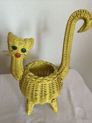 Vintage Wicker Cat Basket with Tail Handle Green Eyes MCM Planter Succulent 2