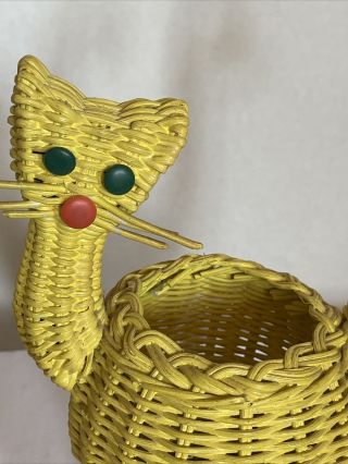 Vintage Wicker Cat Basket with Tail Handle Green Eyes MCM Planter Succulent 3