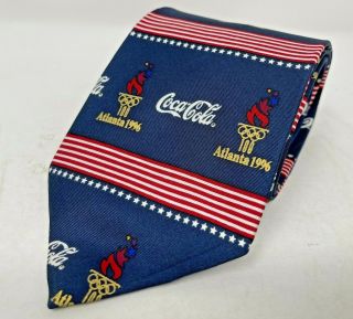 Atlanta 1996 Olympics Torch & Coca Cola Red White & Blue Patriotic Tie 100 Silk