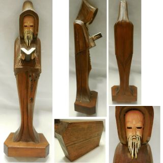 Vtg 12 " Wooden Carved Monk Priest Reading Book Bible Christian Folk Art Statue
