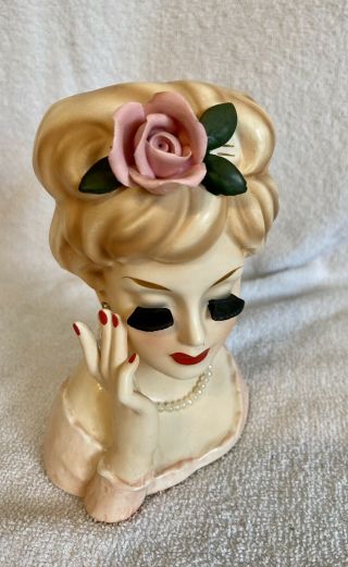 Vintage Ceramic Lady Head Planter Figurine.  With Long Black Eyelashes.