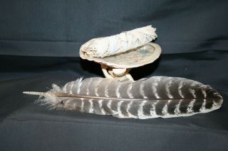 Smudge Kit: Med Abalone Shell & Beige Tripod Stand & White Sage Stick & Feather