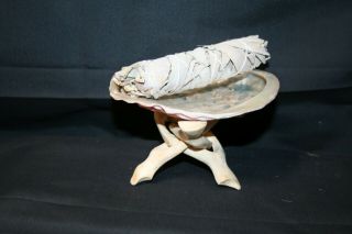 Smudge Kit: Med Abalone Shell & Beige Tripod Stand & White Sage Stick & Feather 2