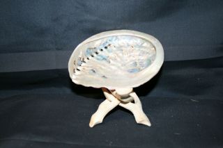 Smudge Kit: Med Abalone Shell & Beige Tripod Stand & White Sage Stick & Feather 3
