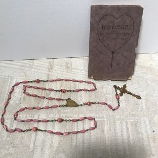 Old Antique Catholic Prayer Book " The Rosary " With Pink Stone Bead Rosary