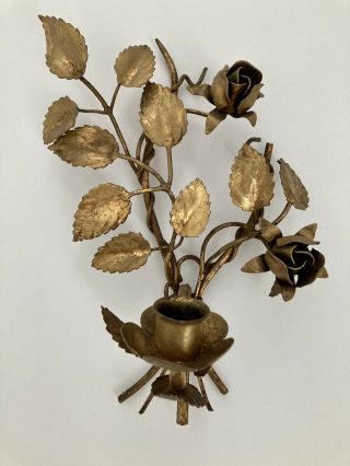 Gorgeous Vintage Italian Tole Gilt Metal Leaves Roses Candle Sconce