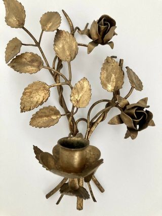 GORGEOUS Vintage Italian Tole Gilt Metal Leaves Roses Candle Sconce 2
