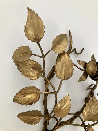 GORGEOUS Vintage Italian Tole Gilt Metal Leaves Roses Candle Sconce 3