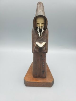 Vintage Wooden Carved Bearded Christian Friar Priest Monk Statue Figurine Bible