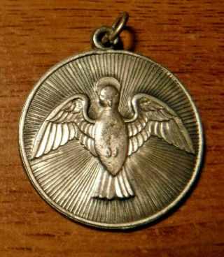 Large Vintage Silver Tone Holy Spirit Catholic Medal,  " Come Holy Ghost "