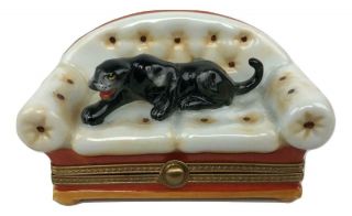 Limoges Parry Vieille France Black Panther Cat Couch Porcelain Trinket Box