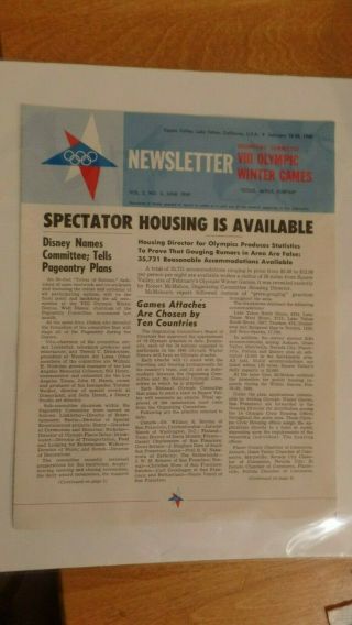 Rare 1960 Viii Winter Olympic Games Squaw Valley Ca Newsletter With Walt Disney