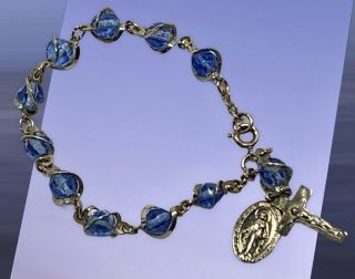 Vintage Rosary Jewelry Bracelet Miraculous Crucifix Cross Silver Tone Blue Beads