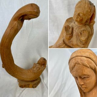 Vintage Olive Wood Hand Carved Statue Figurine Mom With Child 9” One Big Piece