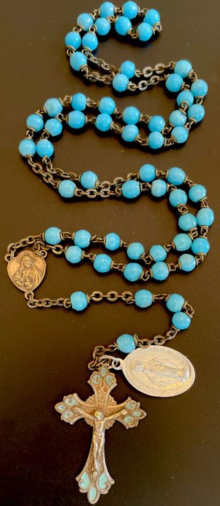 Vintage Catholic Blue Glass 5 Decade Rosary,  Enameled Crucifix Mary Medal