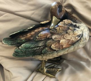 Vintage Elli Malevolti Italy Hand Carved Painted Duck Brass Details Signed
