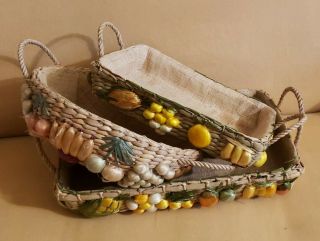 3 Vintage Hand Made Lined Wicker Basket Colorful Fruit Design Philippines Raffia