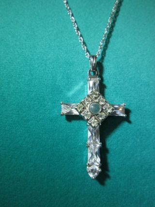 Vintage Rhinestone Silver Tone The Lord’s Prayer Cross Pendant Necklace 17.  5 " /s
