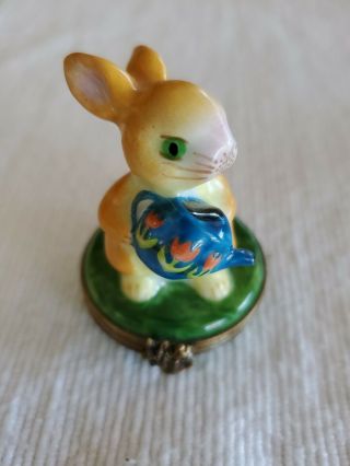 Vintage Limoges Trinket Box Rabbit With Flowered Tea Pot Peint Main D.  V.  No.  61
