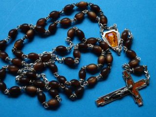 Antique Brown Lucite Rosary / Brown Enamel Crucifix,  Center Medal / 1930 France
