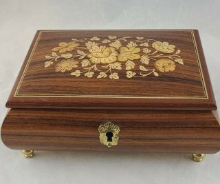 Vintage Reuge Wooden Jewelry Music Box Floral Inlay Italy Key