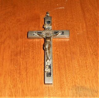 Antique German 3 1/2 " Catholic Pectoral Crucifix Silver Metal / Skull & Cross