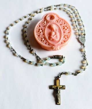 Vintage German Bakelite Rosary Box With Rosary - Lords Prayer - Opalite Glass Bead